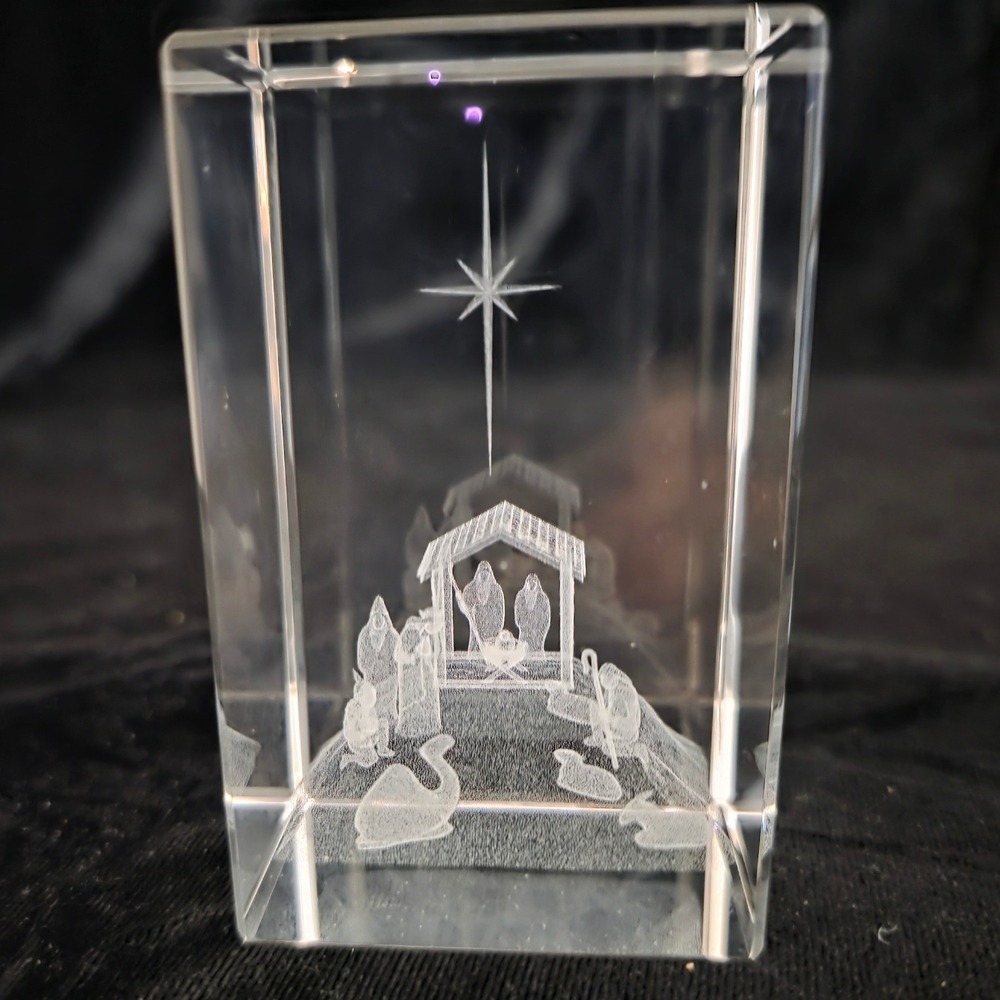 3D Laser Etched Crystal Nativity Scene Paperweight with Gift Box Christmas EUC